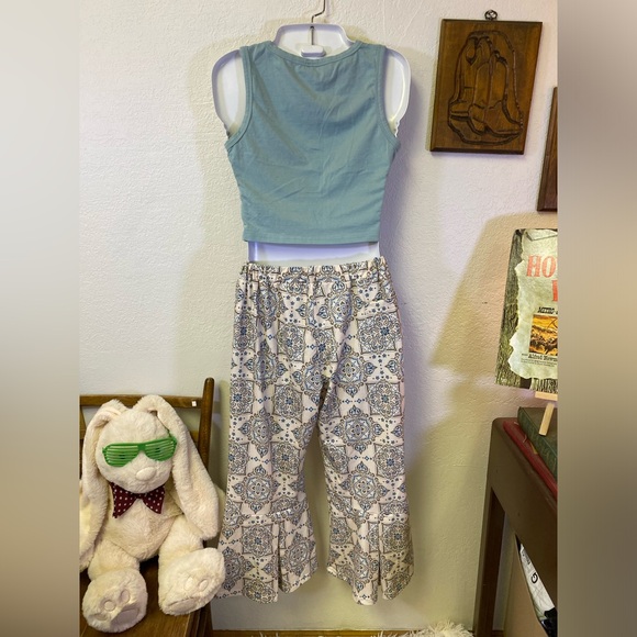 Boho Hippie Outfit Gaucho High Waist Bell Crop Pant Crop Top & Sheer Coverup S/M - Picture 5 of 16